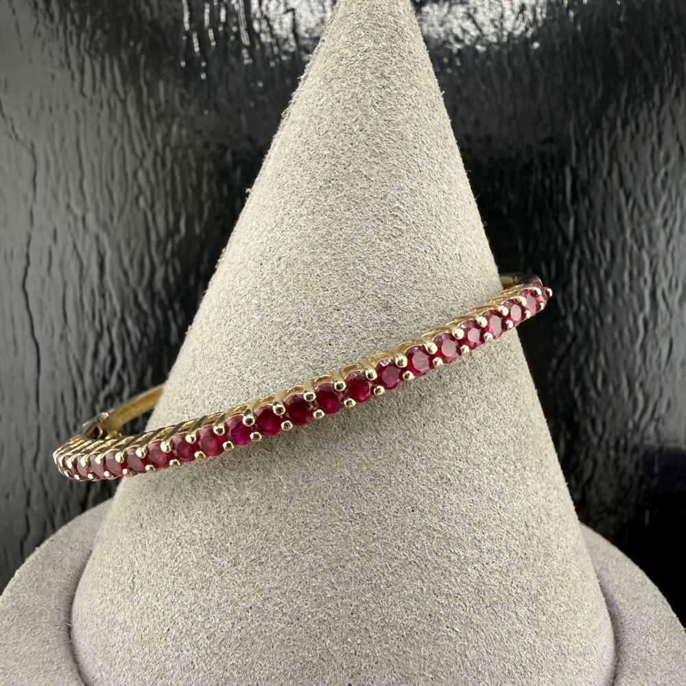 Sterling Bangle Bracelet Red Rhinestone Hinged Gold Tone 925 Signed 6in